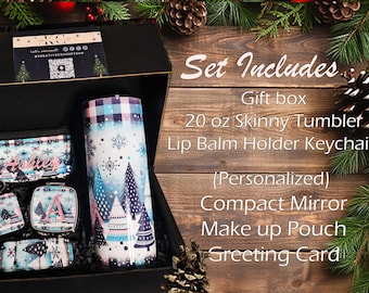 Custom Name Winter Gift Box, Personalized Tumbler, Mirror & Pouch Set, Christmas Gift for Her
