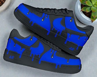 Custom Royal Blue Drip Af1 Sneakers, Royal Blue & Black Dripping Design, Unique Hand-Painted Shoes