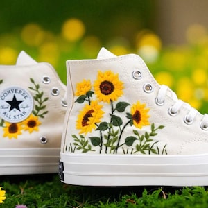 Custom Converse Embroidered Sunflower Shoes, Floral High Top Sneakers, Hand Embroidered Canvas Shoes, Gift For Her, Boho Style Footwear