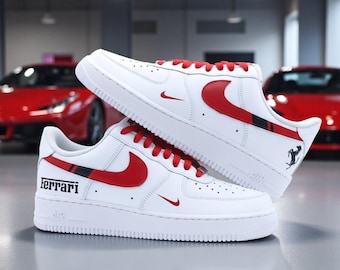Custom Sport Cars AF1 Shoes, Red White Racing Theme Sneakers, Hand Painted Custom Air Shoes, Streetwear Fashion Gift for Men Women