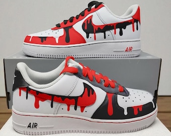 Czerwono-czarno-białe buty Air Force 1 z nadrukiem kropelkowym – ręcznie malowane buty sportowe, buty streetwear AF1 z nadrukiem kropelkowym, spersonalizowane buty sportowe z nadrukiem kropelkowym