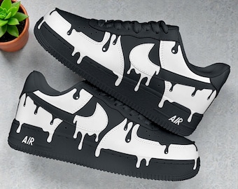 Custom Black & White Af1 Sneakers, Drip Effect Shoes, Hand-Painted Dripping Design