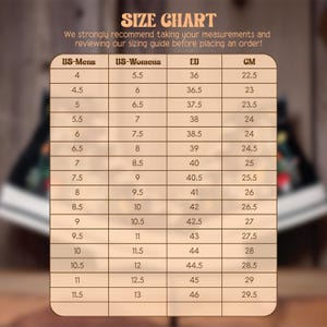 May include: A shoe size chart displaying US Men's, US Women's, EU, and CM measurements. The chart ranges from US Men's size 4 to 11.5, and US Women's size 5.5 to 13, with corresponding EU and centimetre measurements.