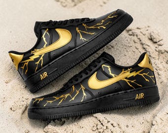 Custom Gold Black AF1 Sneaker, Hand Painted Lightning Shoes, Unique Sneaker Design, Black Design AF1, Streetwear Shoes.