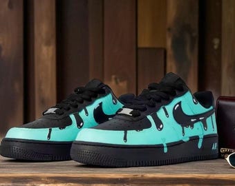 Custom Skateboarding Air Force 1 Drip Shoes, Hand Painted Aqua Black Sneakers, Custom AF1, Streetwear Drip Art Shoes for Men & Women