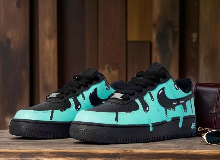Custom Skateboarding Air Force Drip Shoes, Hand Painted Aqua