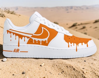 Hand-Painted Orange Drip AF1 Sneakers, Custom Melting White Orange Paint AF1, Personalized Gift for Her Him.