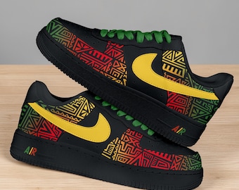 Hand-Painted African Tribal Af1 Sneakers , Custom Black Sneakers with Bold Geometric Art and Yellow Detail