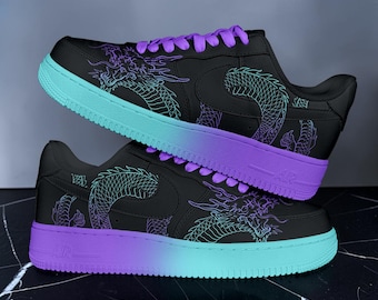 Custom Gradient Dragon Af1 Sneakers, Hand-Painted Dragon Design Shoes, Personalized Sneakers for Mythology Lovers, Vibrant Neon Dragon Art