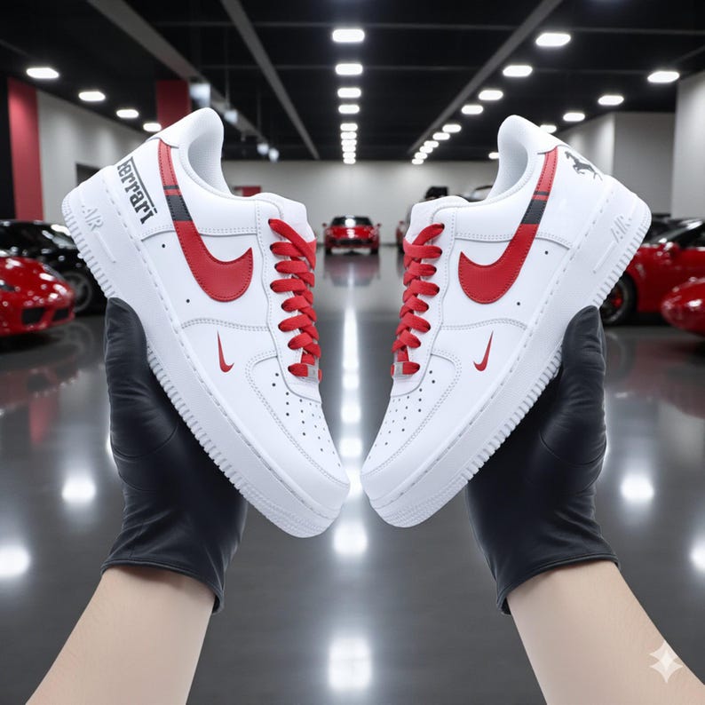May include: Pair of white sneakers with red accents, including the Nike swoosh and laces. The word "Ferrari" is printed on the side. The shoes are held up by a person wearing black gloves.