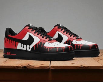 Custom White Red Drip Air Force 1 Shoes, Hand Painted Red Black White Sneakers, Unique AF1 Custom Shoes for Men & Women