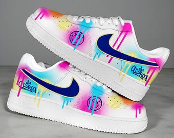 Colorful AF1 Custom Sneakers, Neon Graffiti Paint Design, Handmade Street Style Shoes