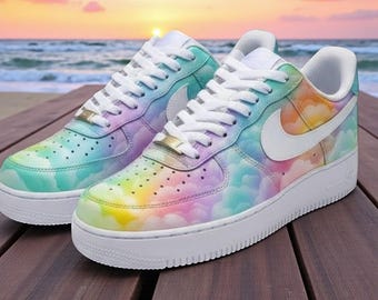 Zapatillas AF1 Pastel Cloud personalizadas, zapatos personalizados con acuarela arcoíris, regalo pintado a mano para mujer