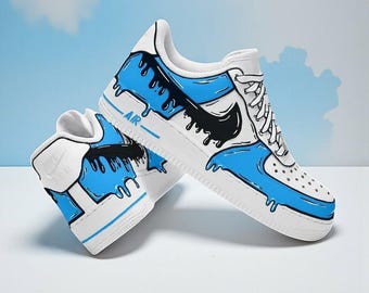 カスタムブルードリップAF1シューズ、カートゥーン風手描きスニーカー、ユニークなストリートウェアシューズ、彼と彼女へのカスタムギフトアイデア