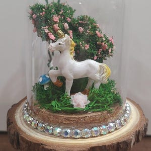 Handmade Dome Cloche Diorama Unicorn Ornament Fairy Garden Mushroom Tree Flowers