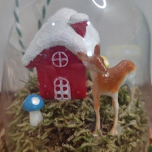 Handmade Dome Cloche Diorama Christmas Ornament House Deer Mushroom Garden O2