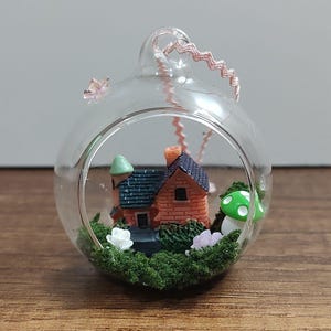 Handmade Glass Diorama Christmas Ornament Terrarium Fairy House Garden Roses