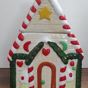 VTG Gingerbread House Cerâmica Biscoito Pote Doce Bengala Listras Árvore de Natal Estrela