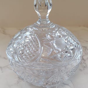 Vintage Crystal Clear Cut Glass Candy Dish Round with Lid and Finial