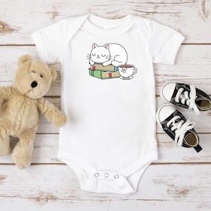 Reading Kitty Bodysuit, Tea Drinking Cat, Cat Lover Baby Gift, Cat Baby Bodysuit, Book Lover Bodysuit, Baby Shower Gift, Bookworm, kitten