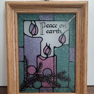 Gebrandschilderd glas met hout ingelijste kerstkaarsen Hangende Sun Catcher Peace On Earth