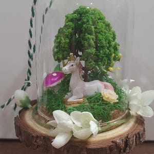 Handmade Dome Cloche Diorama Unicorn Ornament Fairy Garden Mushroom Tree Flowers