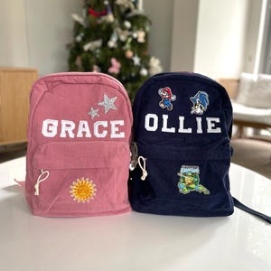 Hand sewn personalised children's corduroy backpack