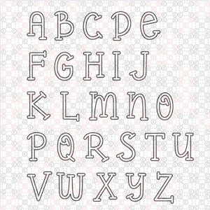 May include: A black and white alphabet with a simple, outlined design. Each letter is outlined in black and has a white interior.