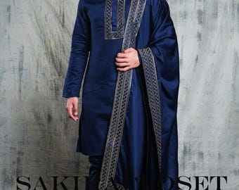 Completo di pantaloni Kurta in seta blu reale, abito da sposa indiano ricamato Zari