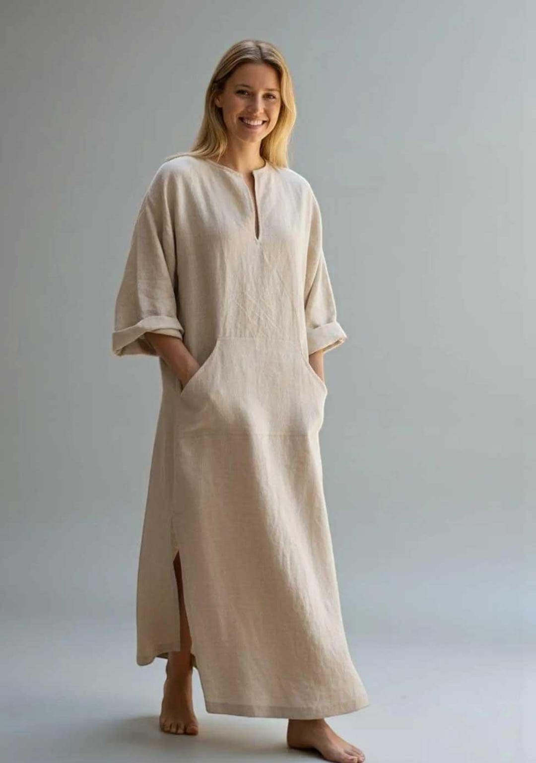 Beige Linen Kimono Maxi Robe – Oversized Women\'s Cover up With Pockets ...