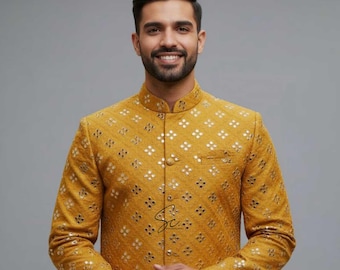 Goldener bestickter Sherwani für Männer Indische Hochzeit Outfit Gelb
