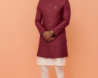 Kastanienbraun Seidenmischung Achkan Indo-Western Sherwani Set
