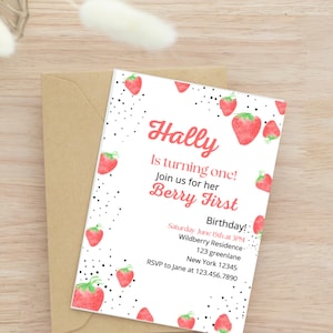 Berry First Birthday Invitation  Editable Template Celebrate your little one’s Berry First Birthday with this cute, strawberry-themed invite