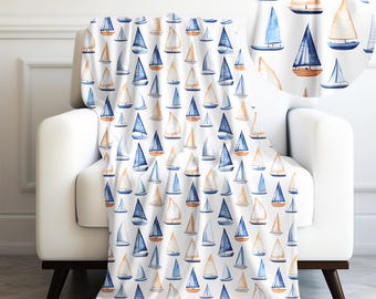 Watercolor Sailboats on a Breezy Ocean Velveteen Plush Blanket 3 Sizes