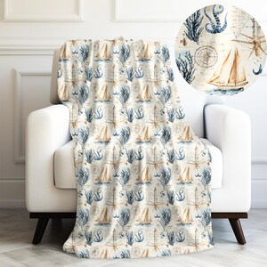 Vintage Nautical Explorer Sailing Ship, Lighthouse & Ocean Sketches Velveteen Plush Blanket 3 Sizes