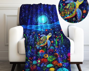 Sea Turtle in an Vibrant Ocean Dream Velveteen Plush Blanket 3 Sizes