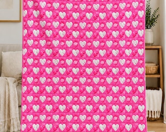 Pink Heart Velveteen Blanket, Valentine Love Throw, Girly Romantic Bedroom Decor