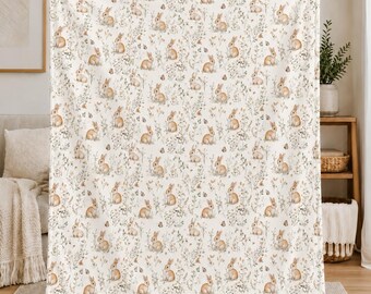 Bunny Velveteen Blanket, Woodland Rabbit Throw, Neutral Floral Nursery Decor, Easter Gift