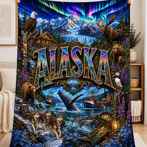 Alaska Collage Wilderness Print Velveteen Plush Blanket 2 Sizes