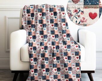 Patchwork Country Hearts an Flowers Quilted Print Velveteen Plush Blanket 3 Sizes