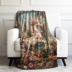 Whimsical Majestic Unicorn in an Enchanted Unicorn Kingdom Velveteen Plush Blanket 3 Sizes