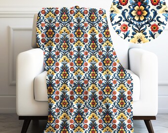 Baroque Floral Velveteen Plush Blanket – Deep Blue Yellow Cozy Throw