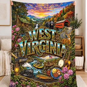 May include: A rectangular throw blanket featuring a vibrant, detailed landscape illustration of West Virginia. The design includes a log cabin, a black bear, a covered bridge, a deer, a train, a banjo, a guitar, and a plate of food, with the text WEST VIRGINIA prominently displayed in the center.