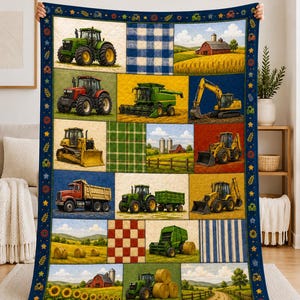 May include: A rectangular quilt featuring a patchwork design of various farm scenes and construction vehicles including tractors, a combine harvester, an excavator, a dump truck, and hay bales, all framed by a dark blue border with small icons.