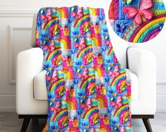 3d Spring Flowers Butterflies and Rainbows Patchwork Quilted Print Velveteen Plush Blanket 3 Sizes
