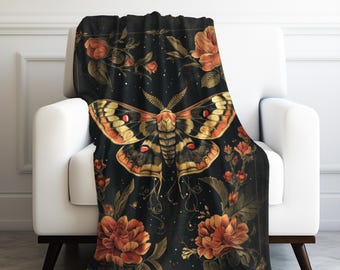 Mystic Midnight Moth with Lush Florals Velveteen Plush Blanket 3 Sizes