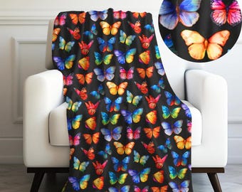 Vibrant Butterfly Print Velveteen Plush Blanket: Cozy Throw for Couch, Bed