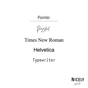 Puede incluir: Una lista de fuentes: "Puzzled", "Times New Roman", "Helvetica" y "Typewriter". El texto "NICELY said." est&aacute; en la parte inferior de la imagen.