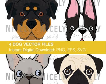 Dog vector files, animal SVG & PNG digital download, Cricut designs Rottweiler, Pug, Frenchie