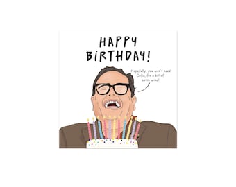 Tarjeta divertida inspirada en los traidores, tarjeta de cumpleaños con parodia de Alan Carr, humor de famosos en el campamento